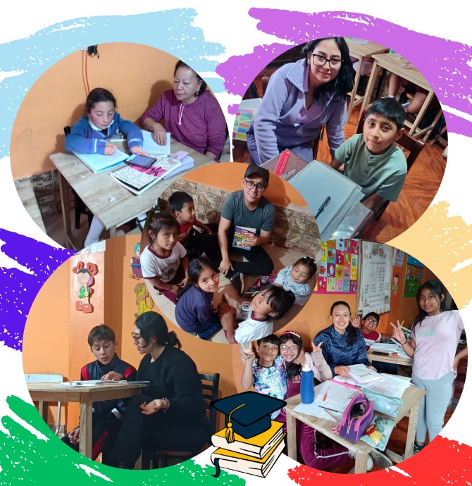 Niños estudiando con círculos de colores